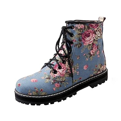 UH Damen Flache Stiefeletten Schnür Ankle Boots Schnüren mit Blumen Fell Warm Schuhe