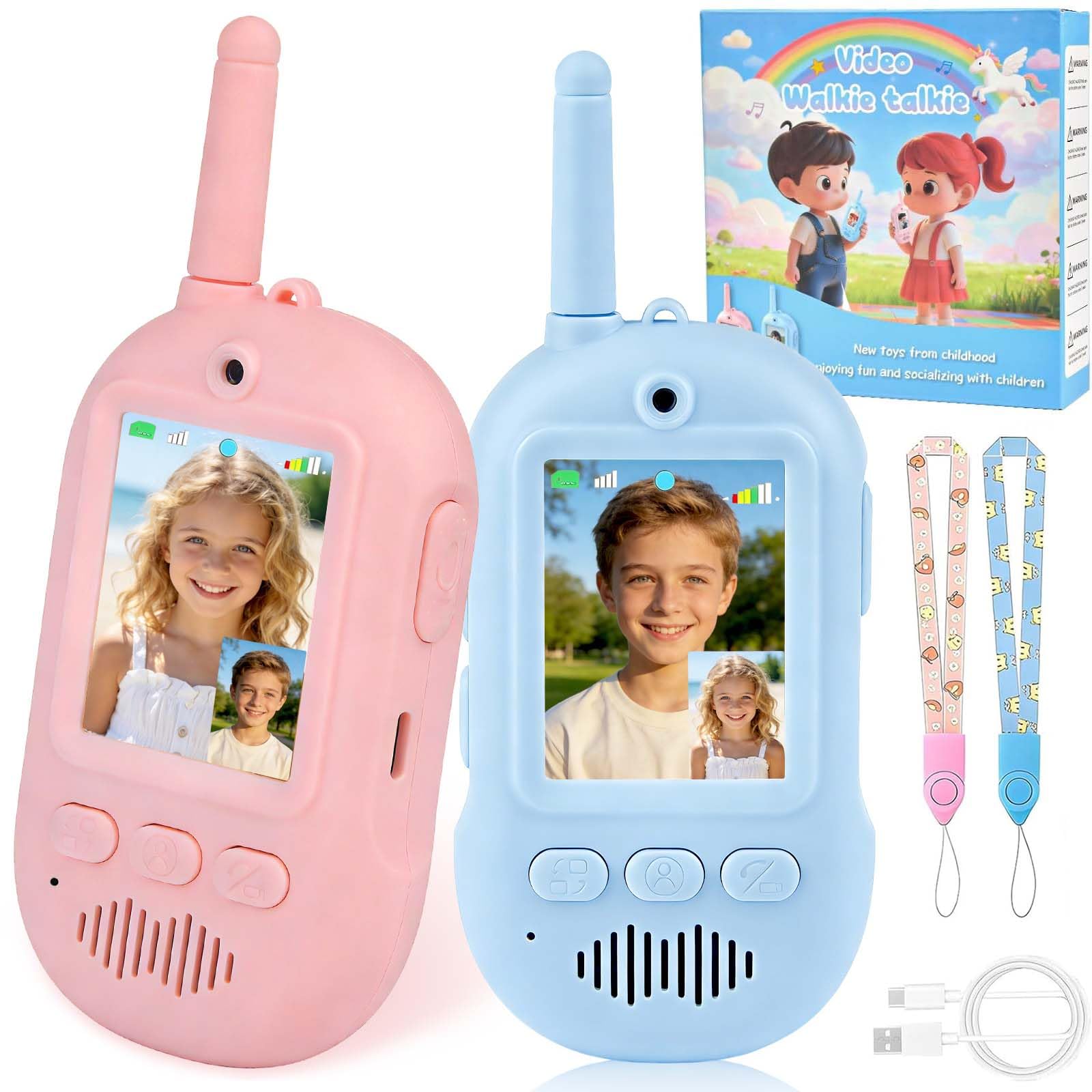 Walkie Talkies for Kids, 2PCS Video Walkie Talkies Kids Rechargeable with Screen Display & Voice Changer, Indoor Outdoor Toys for 3 4 5 6 7 8 Year Olds Boys Girls Easter Birthday Gifts