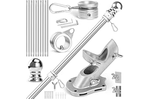 Anovo Flag Pole Kit- Stainless Steel 6 FT Flag Poles with1 Inch Metal 360° Rotating Flag Pole Rings Clip, Two-Position Flag Pole Holder Brackets Mounting for Outside House Outdoor Porch (6 FT-Sliver)