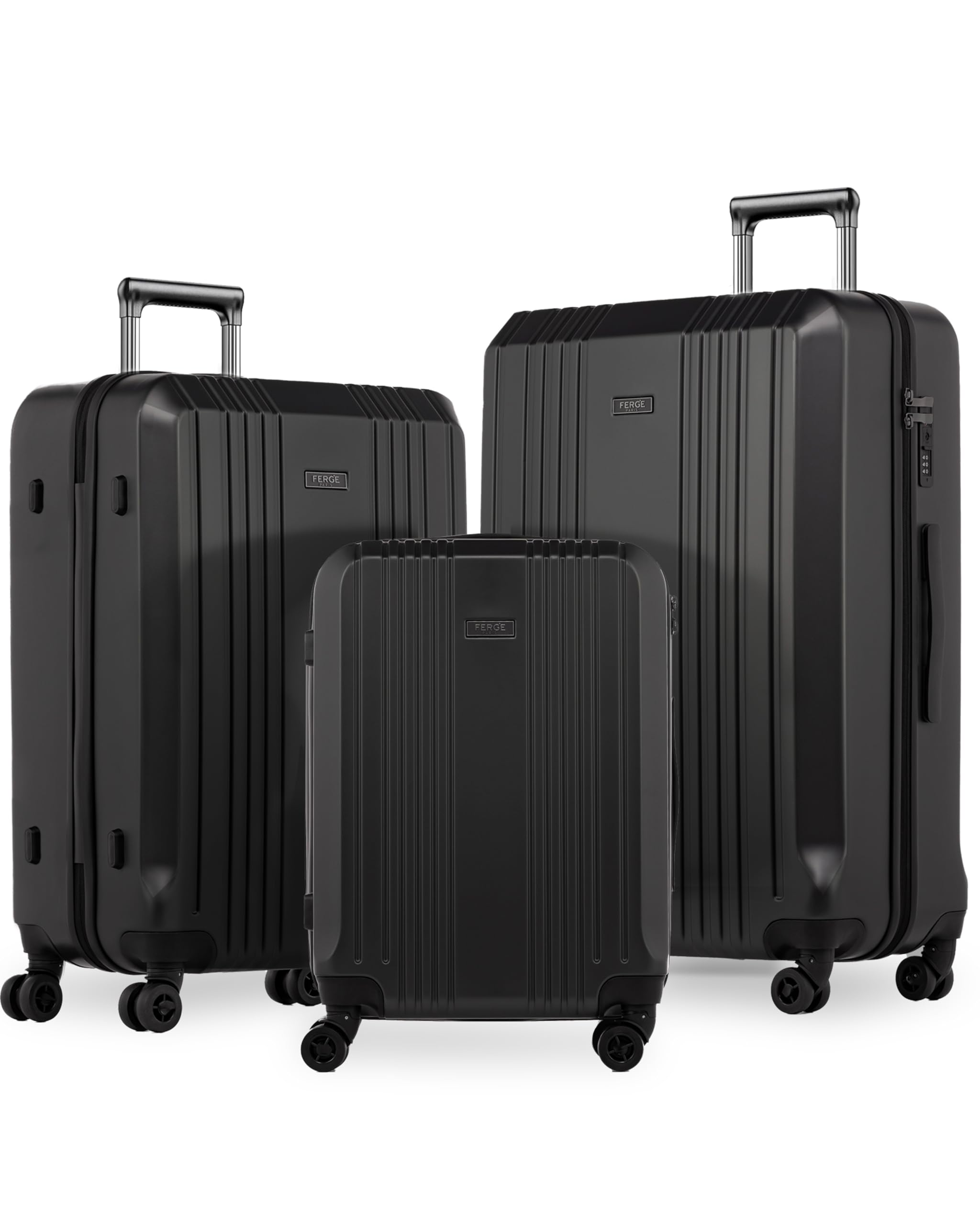 FERGÉ Luggage Set 3 piece Hard Shell Travel Trolley Cannes Suitcase Set 4 Twin Spinner Wheels Black