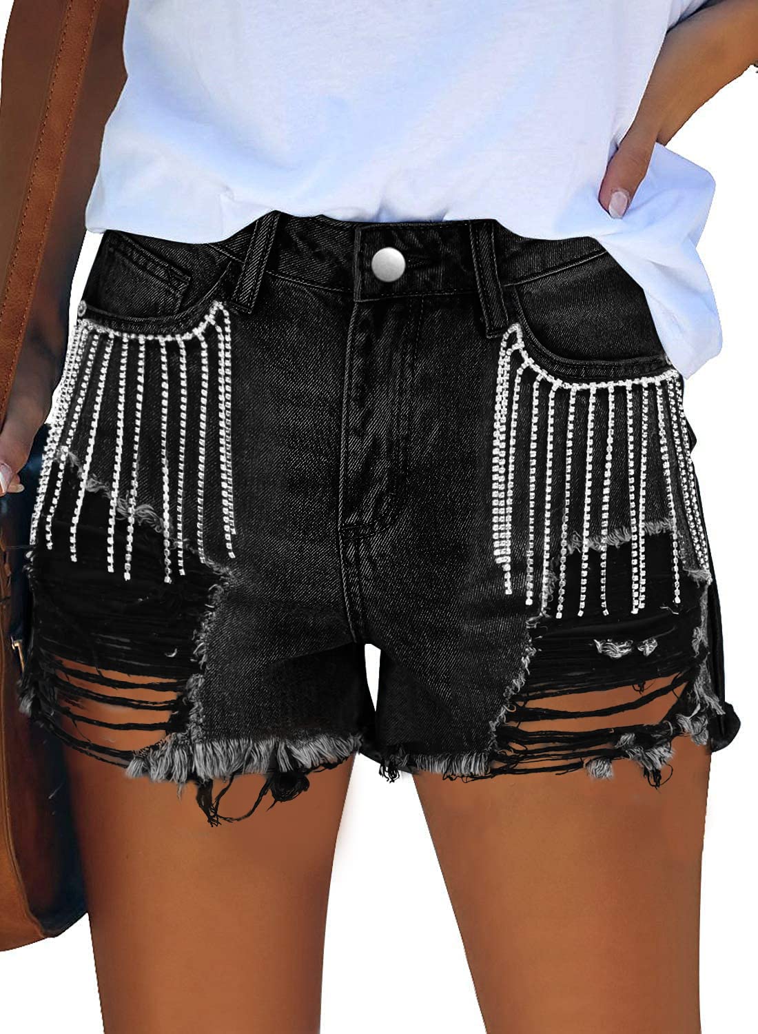 Photo 1 of JMITHA Black Jean Shorts with Rhinestone Trendy Frayed Edge Jeans Shorts (14, Black)