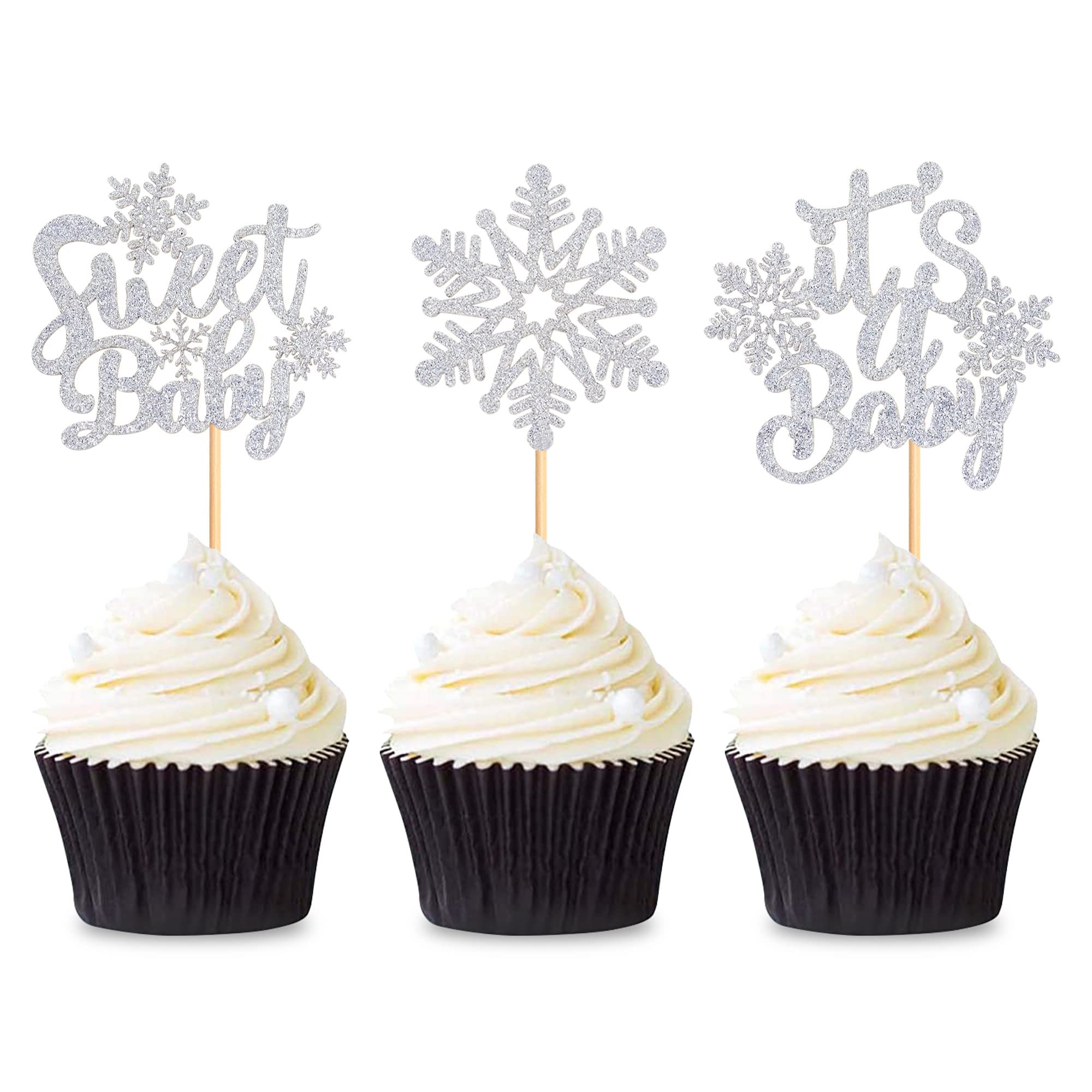 Blumomon 24Pcs Snowflake Babyshower Cupcake Toppers Glitter It's a Baby Sweet Baby Snowflake Cupcake Picks for Winter Wonderland Baby Shower Birthday Party Cake Decorations Supplies