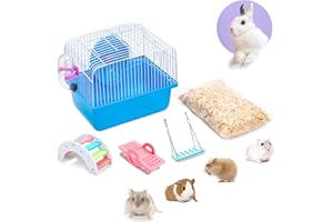 PStarDMoon Portable Hamster Cage with Running Exercise Wheels, Water Bottle, with Rainbow Hamster Toys and Sawdust, for African Miniature Rabbit Chinchilla Squirrel and Other Small Animals (Blue)