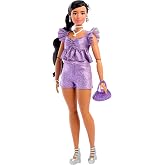 Barbie Deluxe Style Doll #8 in Metallic Purple Top and Sparkly Shorts | With Black Hair in Braid, Accessories like Pearly Jewelry and Handbag