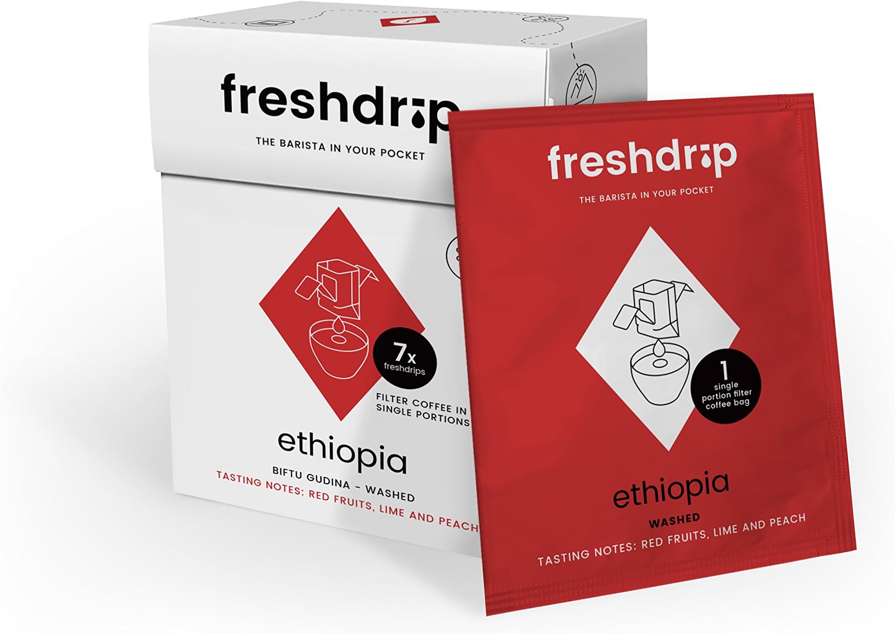 Freshdrip, Ethiopia, Medium Roast - Single Portion Coffee Filters Each Filled with 10g of Delicious Ground Coffee - Perfect for on The Go, Festivals, Camping and The Outdoors
