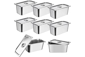 VAIPI 8 Pack Stainless Steel Hotel Pans 1/3 Size x 6" Deep Steam Table Pan with Lids Commercial 22 Gauge Food Storage Containers Catering Metal Steamer Pans Anti Jam Steam Table Pan Restaurant Warm Pot