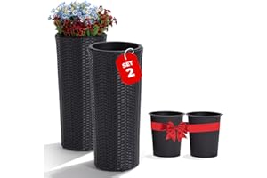 Idzo All Weather Wicker Planters for Outdoor Plants Set of 2, 24 inch Tall Black Planter for Front Porch, Patio, Balcony, Indoor Usage - Round Rattan Flower Pots, Black