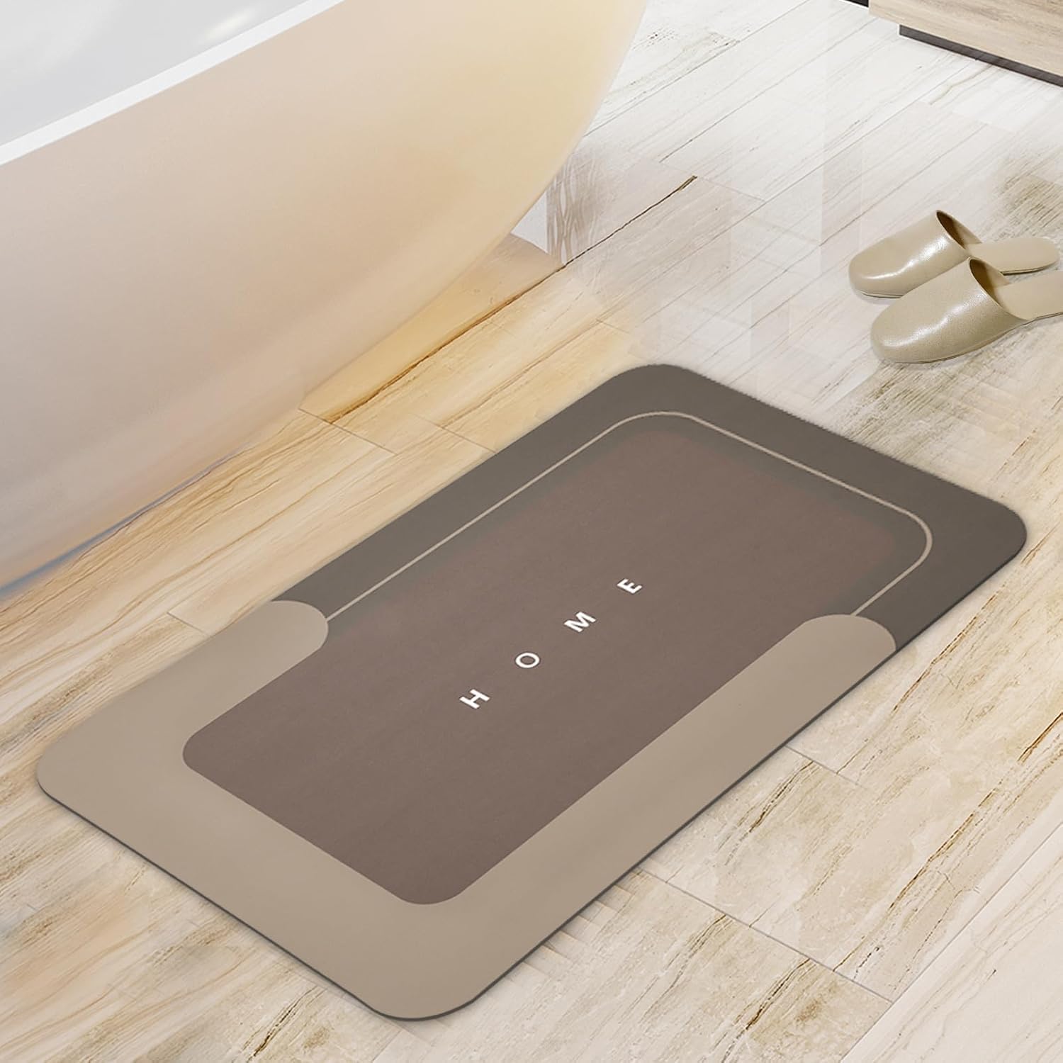 Housego Absorbent Bath Mat Magic Rug, Quick Drying Magic Bath Mat Non-Slip Floor Rug Rubber Backed for Bathroom Kitchen Shower Sink, Water Absorbent (1PC, 16.93''x26.77’’, Brown)