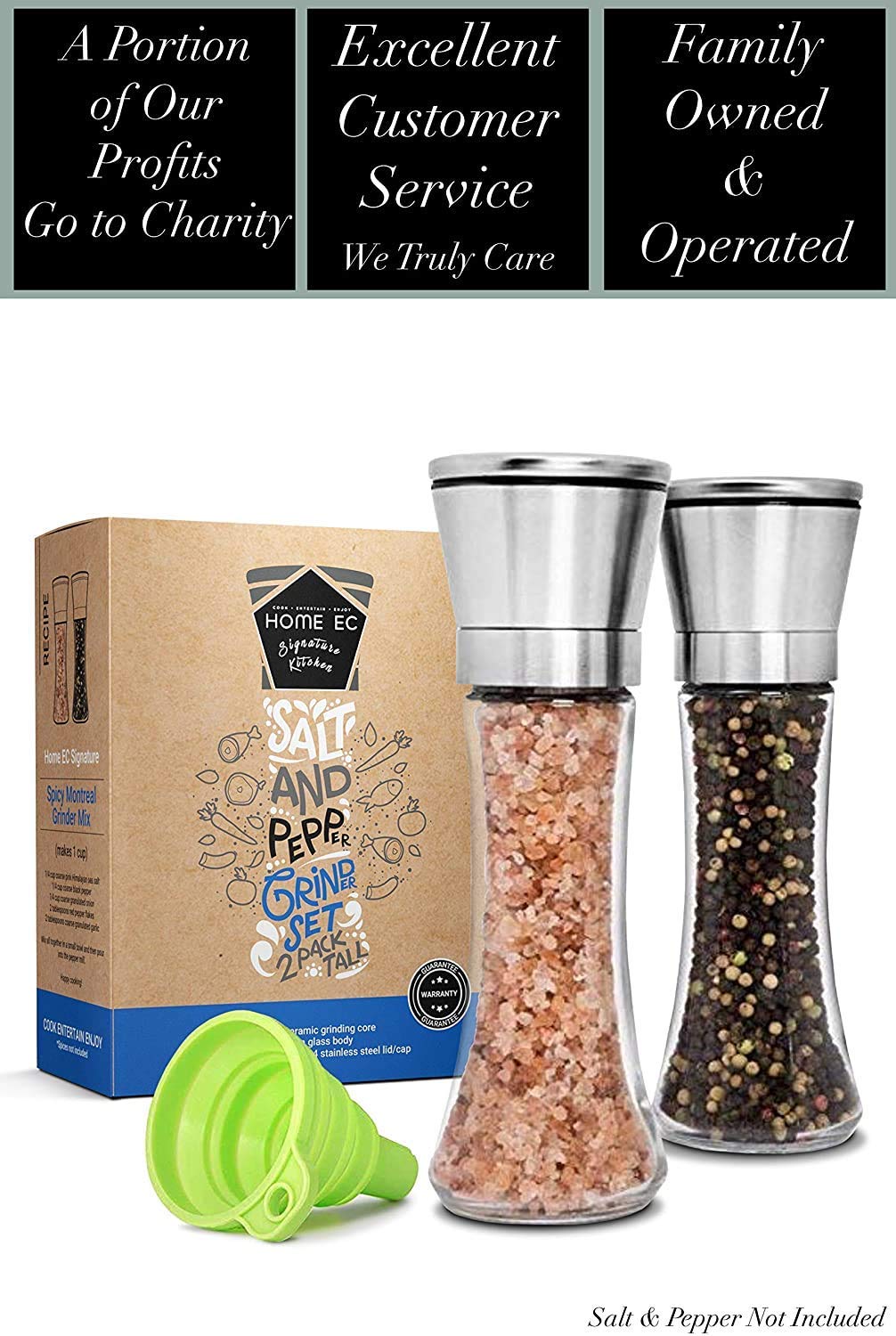 (Tall) - Premium Stainless Steel Salt and Pepper Grinder Set of 2 - Adjustable Ceramic Sea Salt Grinder & Pepper Grinder - Tall Glass Salt and Pepper Shakers - Pepper Mill & Salt Mill with Free Funnel & EBook