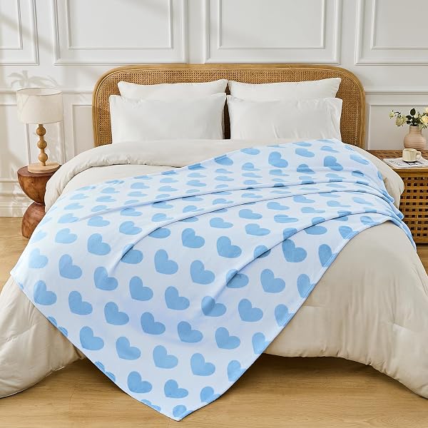 FY FIBER HOUSE HEART FLANNEL KING BLANKET SOFT COZY BLANKETS FOR LOVER GIFTS ALL SEASON USE, 90X108 INCHES, BLUE