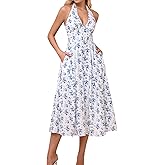 GLNEGE Floral Halter Corset Midi Sun Dress V Neck Bow Tie Smocked Back Flowy Wedding Guest Dresses for Women with Pockets