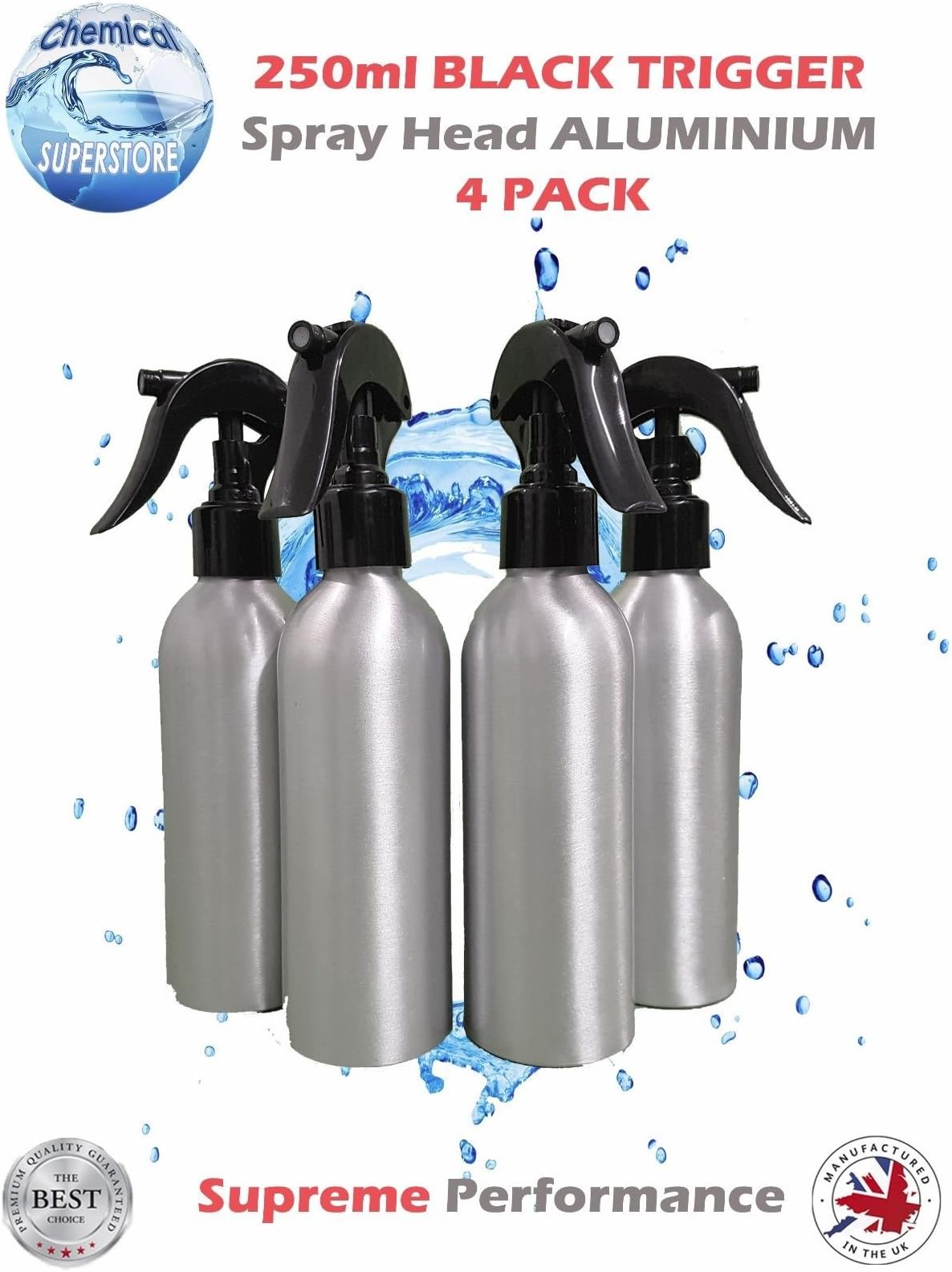 4 x 250ml Aluminium Bottles with Black Trigger Spray Heads - Supreme Performance