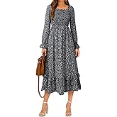 Dokotoo Boho Dresses for Women 2025 Casual Floral Square Neck Long Sleeve Smocked Elastic Waist Tiered Ruffle Hem Maxi Dress