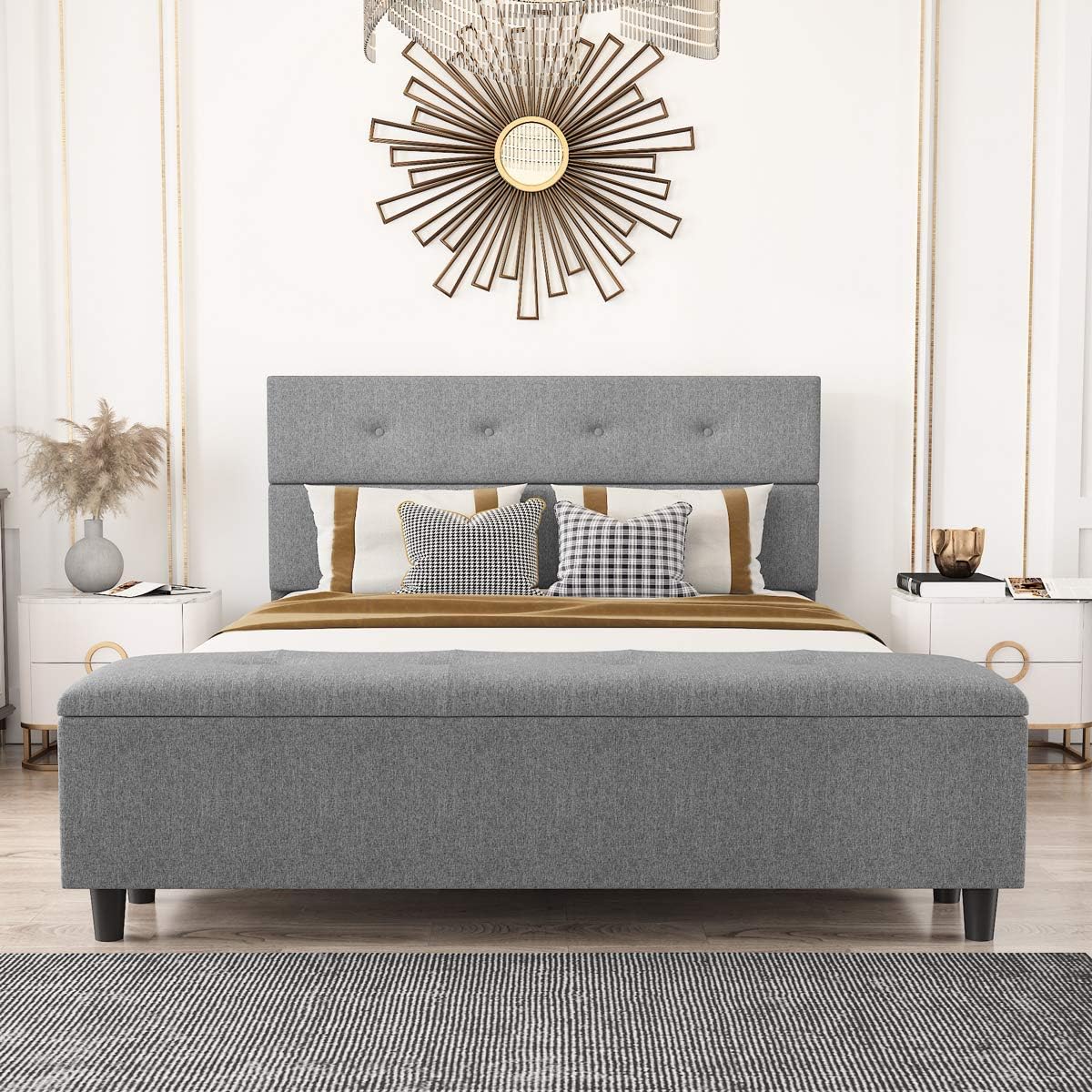 Amolife Queen Platform Bed Frame with 120L Storage Ottoman and Upholstered Button Tufted Headboard, 14 Solid Wood Slat Support, Extra Long, Easy Assembly, Light Grey, Queen