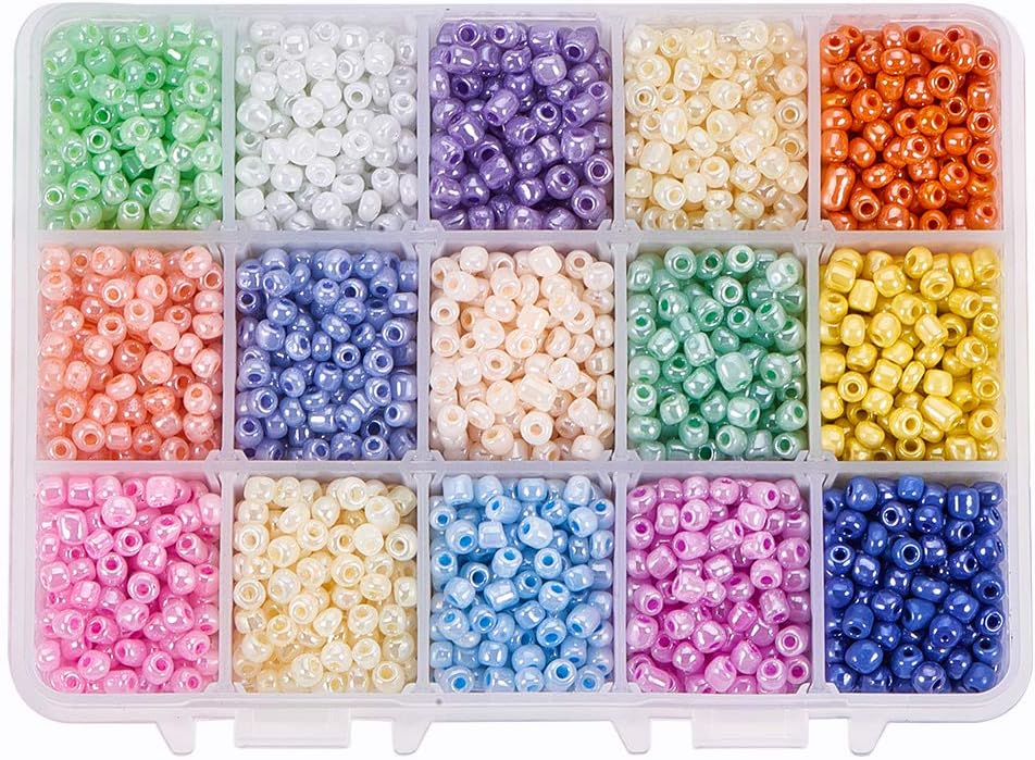 PH PandaHall 3000pcs 15 Colours Glass Seed Beads 4mm Mini Spacers Candy Colour Czech Bead Ceylon Round Bead Cute Craft Bead for Friendship Bracelets Jewellery Making DIY Handicrafts Hole:1.5mm