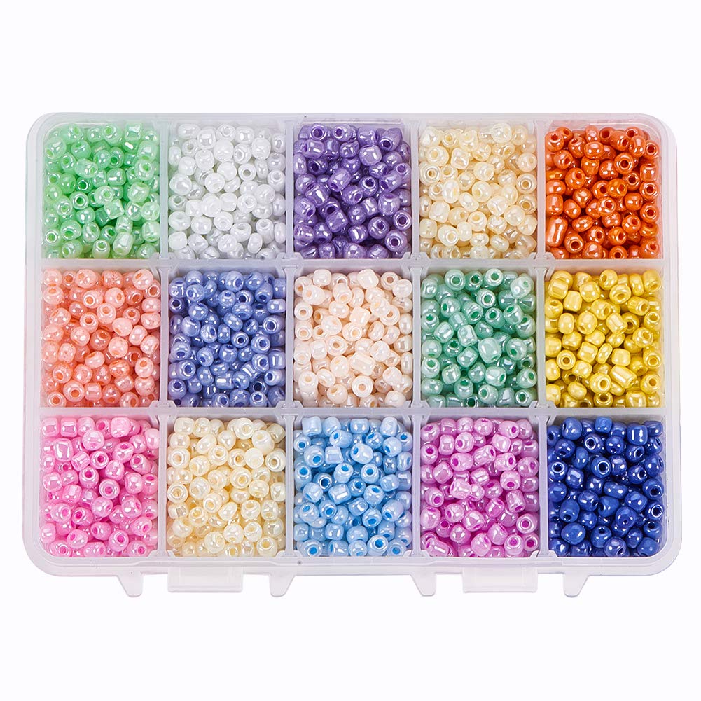 PH PandaHall 3000pcs 15 Colours Glass Seed Beads 4mm Mini Spacers Candy Colour Czech Bead Ceylon Round Bead Cute Craft Bead for Friendship Bracelets Jewellery Making DIY Handicrafts Hole:1.5mm