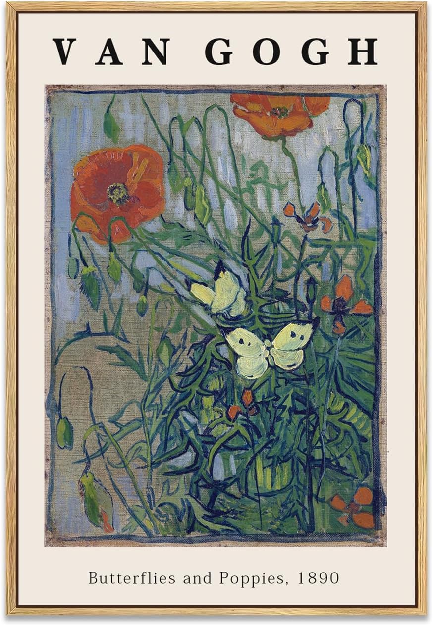 Vincent Van Gogh Framed Wall Art Print Butterflies And Poppies Flowers by Van Gogh Canvas Prints Painting Reproduction for Living Room Bedroom Kitchen Office Home Decor 12"x16" Natural Framed