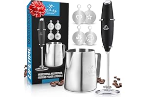 Zulay Kitchen Premium Gift Milk Frother Complete Set - Handheld Foam Maker, Stencils & Frother Set - Whisk Drink Mixer for Coffee - Mini Blender for Cappuccino, Frappe
