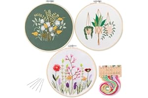 3 Pack Embroidery Starter Kit with Pattern, Kissbuty Full Range of Stamped Embroidery Kit Including Embroidery Fabric with Pattern, Bamboo Embroidery Hoops, Color Threads and Tools Kit (Floral Plants)
