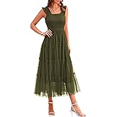 PRETTYGARDEN Women's Summer Tulle Midi Dress Sleeveless Smocked Ruffle Flowy Mesh Dresses Party Wedding Guest Sundress