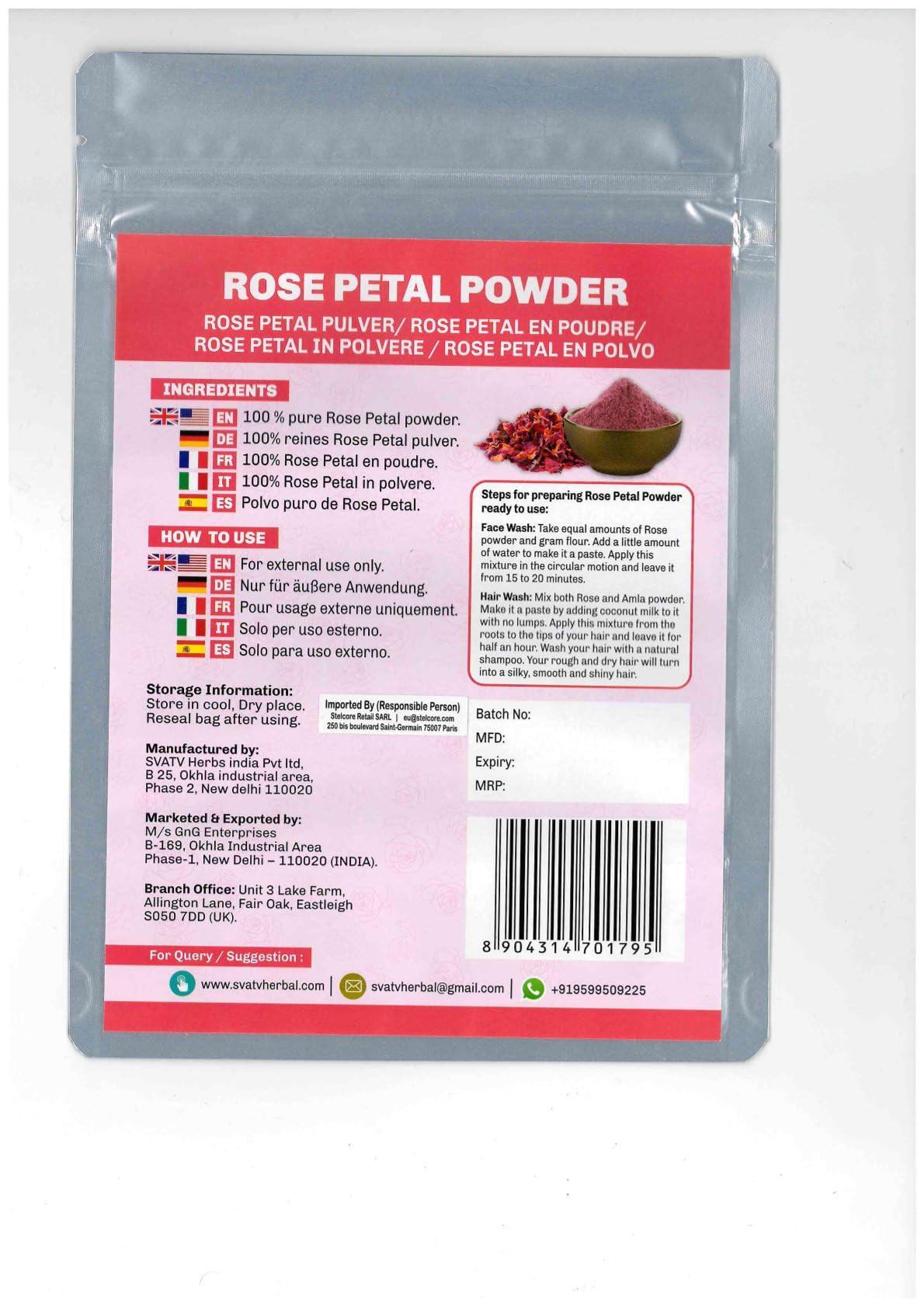 SVATV Rose Petal Powder For Skin Lightening & Blemishes, Skin Brightening Hydrating Skin Tone Pore Minimizer Oil Control - 227 Grams, Half Pound
