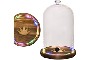 HOMIA Smoking Gun Accessory LED lights Glass Dome 9" x 5.7" Lid with Wooden Base - Smoke infuser Cover Lid for Cocktail Smoker - Dome for Cold Smoke, Smoking Cloche for Drinks