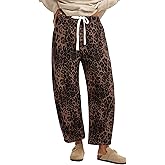 GRAPENT Barrel Jeans for Women Trendy High Waisted Pull On Wide Leg Cropped Leopard Cheetah Print Stretchy Denim Pants