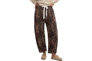 GRAPENT Barrel Jeans for Women Trendy High Waisted Pull On Wide Leg Cropped Leopard Cheetah Print Stretchy Denim Pants