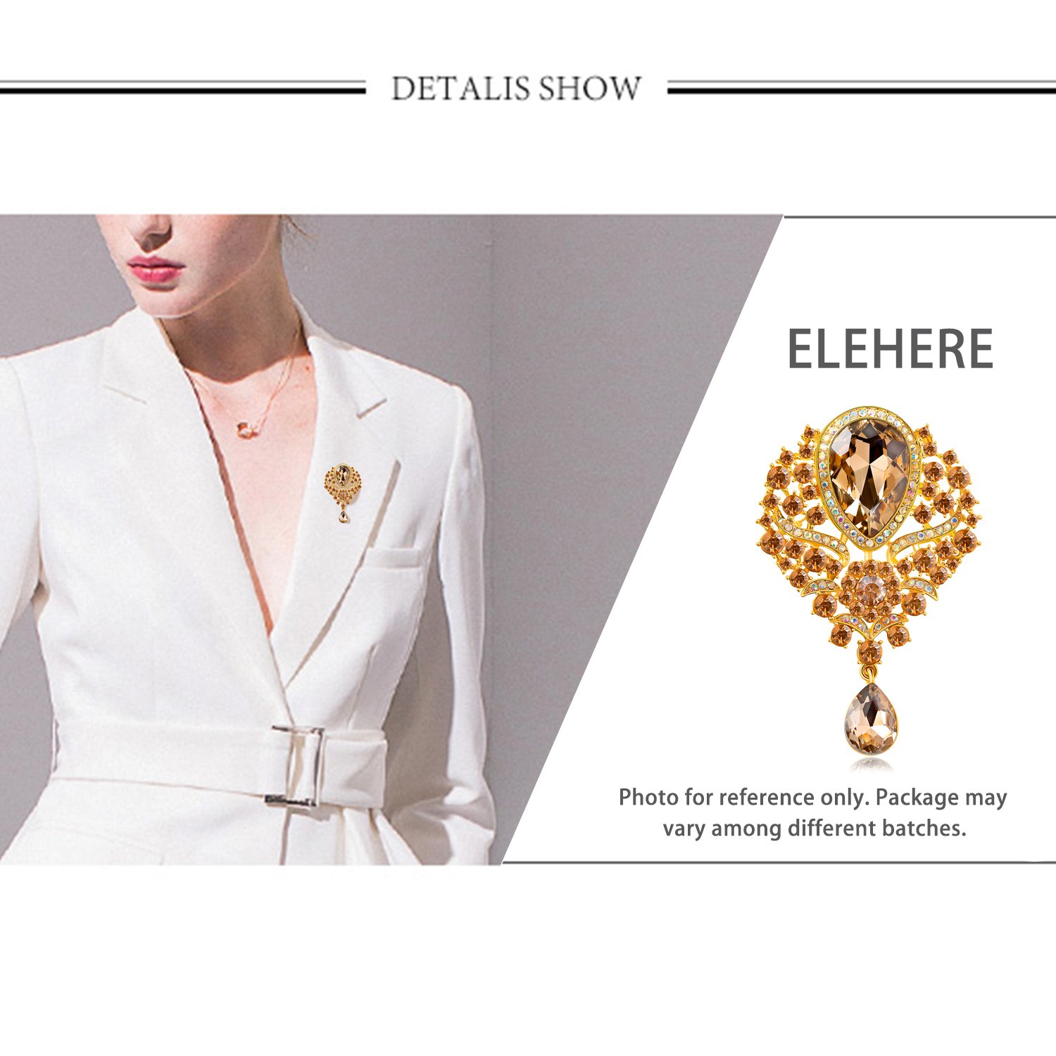 Elehere Crystal Brooch Pin - Large Wedding Dangling Rhinestone Brooch Bouquet DIY, Ceremony Decoration (Champagne Gold)