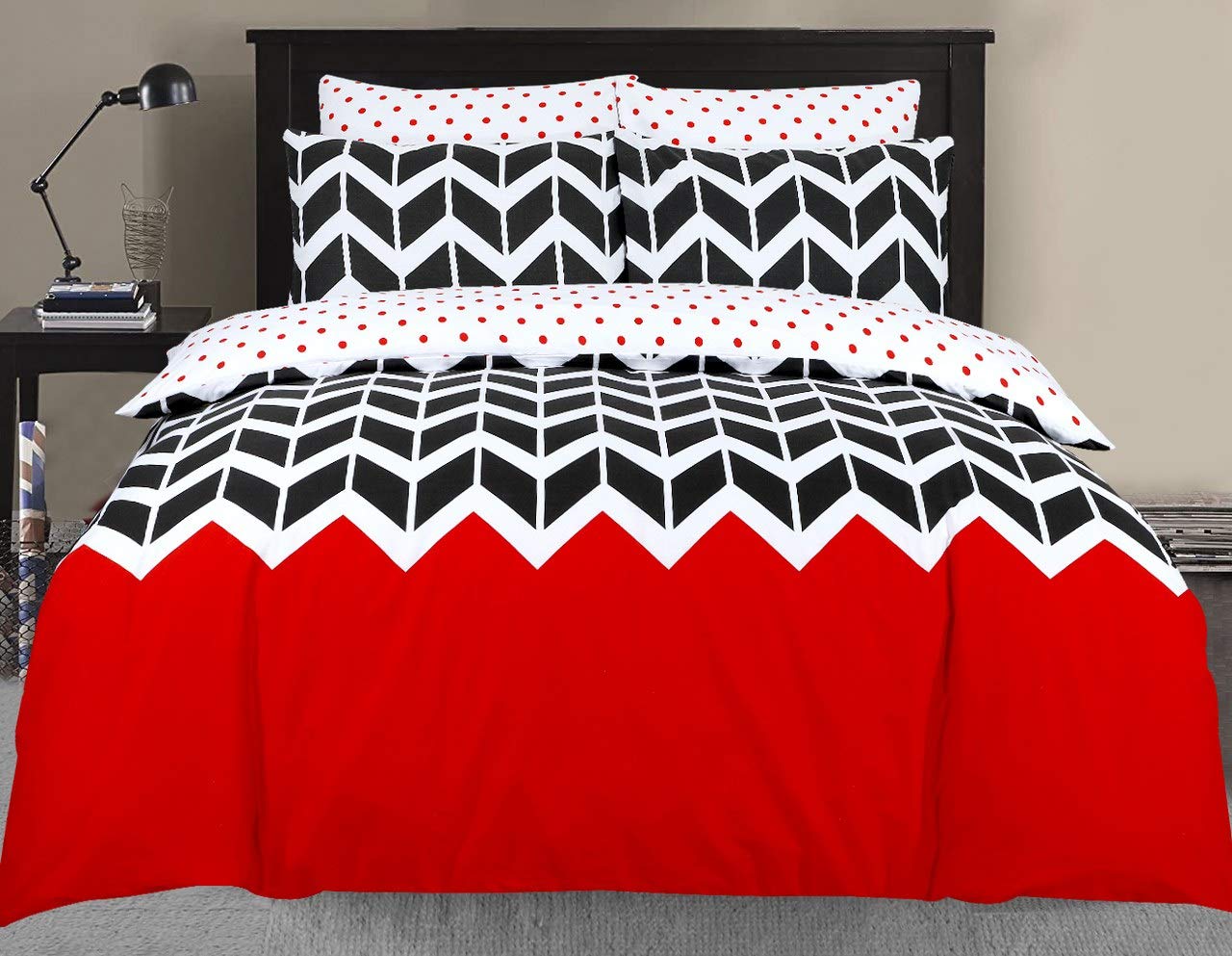 Indus Textiles Duvet Quilt Cover Bed Sets Reversible Patterned Soft and Smooth Easy Care (Chevron Red, Super King)