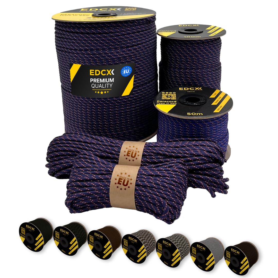 EdcX Paracord 4mm, 20+ Military Colors (15m, 30m, 50m, 100m, 300m) | Ideal for Camping, Survival, Outdoor, Crafting, DIY | 100% Nylon Rope 4mm | Tactical Cord 550 Type III (Navy Classic, 50 m) — image 1