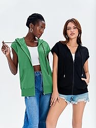 Fisoew Women's Sleeveless Zip Up Cotton Hoodies