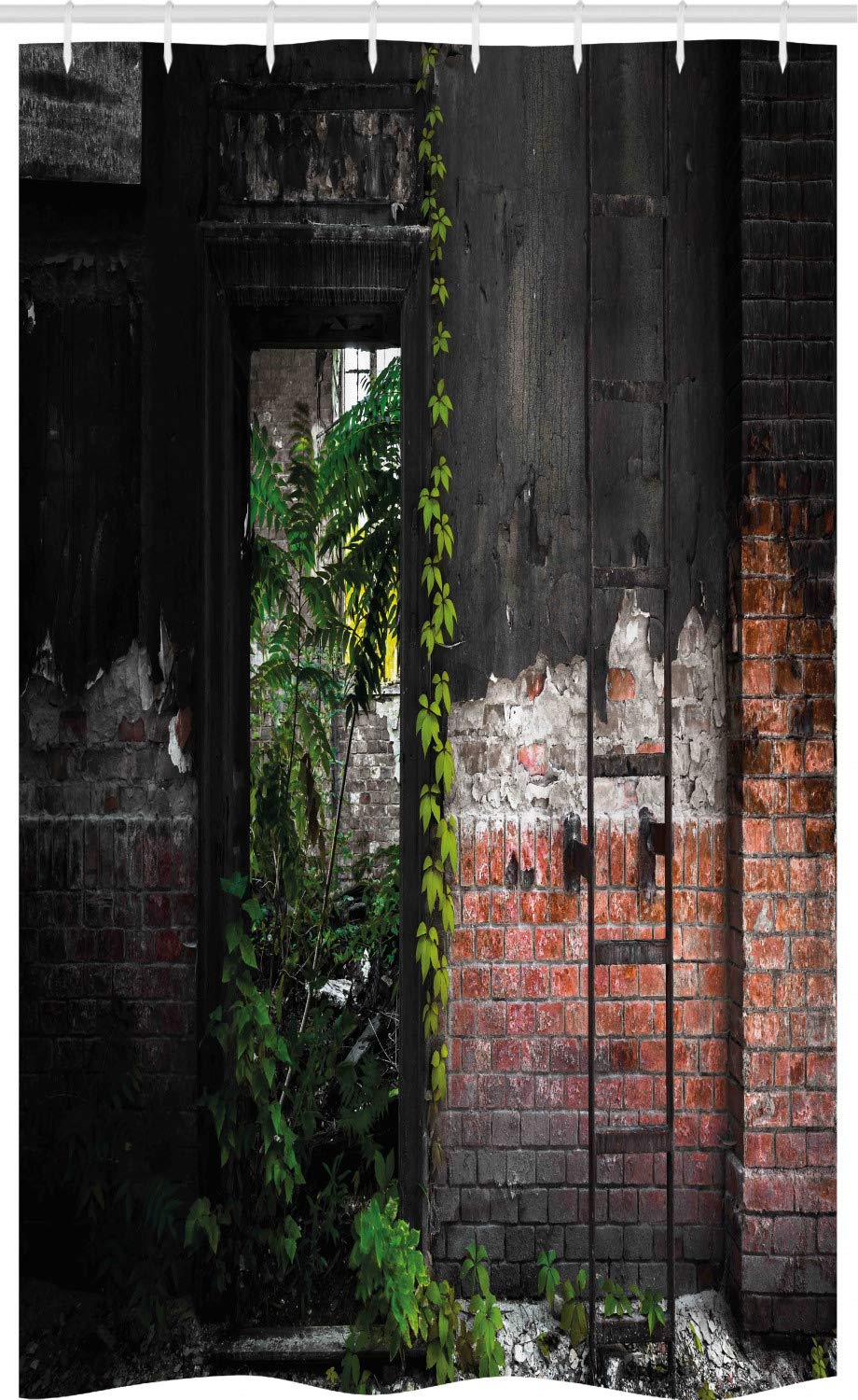 ABAKUHAUS Industrial Stall Shower Curtain, Old Door Opening in a Desolate Industry Building Brick Wall with Ivy Plants, Fabric Bathroom Decor Set with Hooks, 120 x 180 cm, Salmon Grey Green — image 1