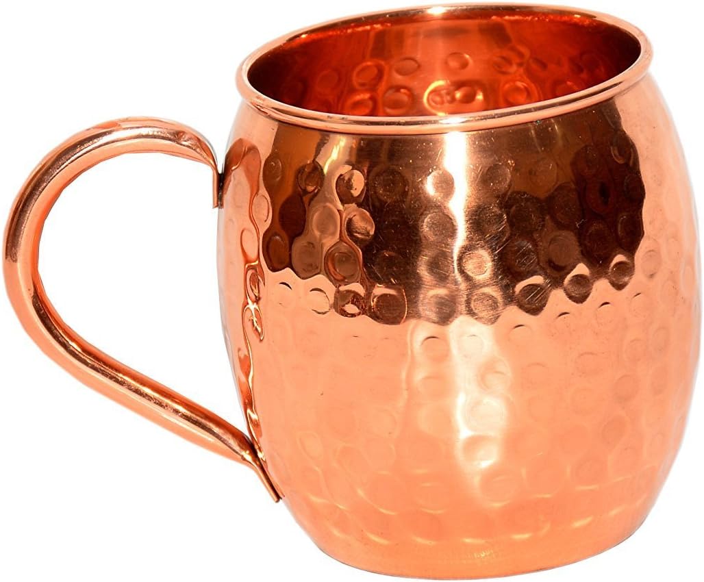 Dinazah Hammered Copper Barrel Mug for Moscow Mule with Copper Handle, Unlined, No Nickel Interior, Artisan Handcrafted, 16 oz.