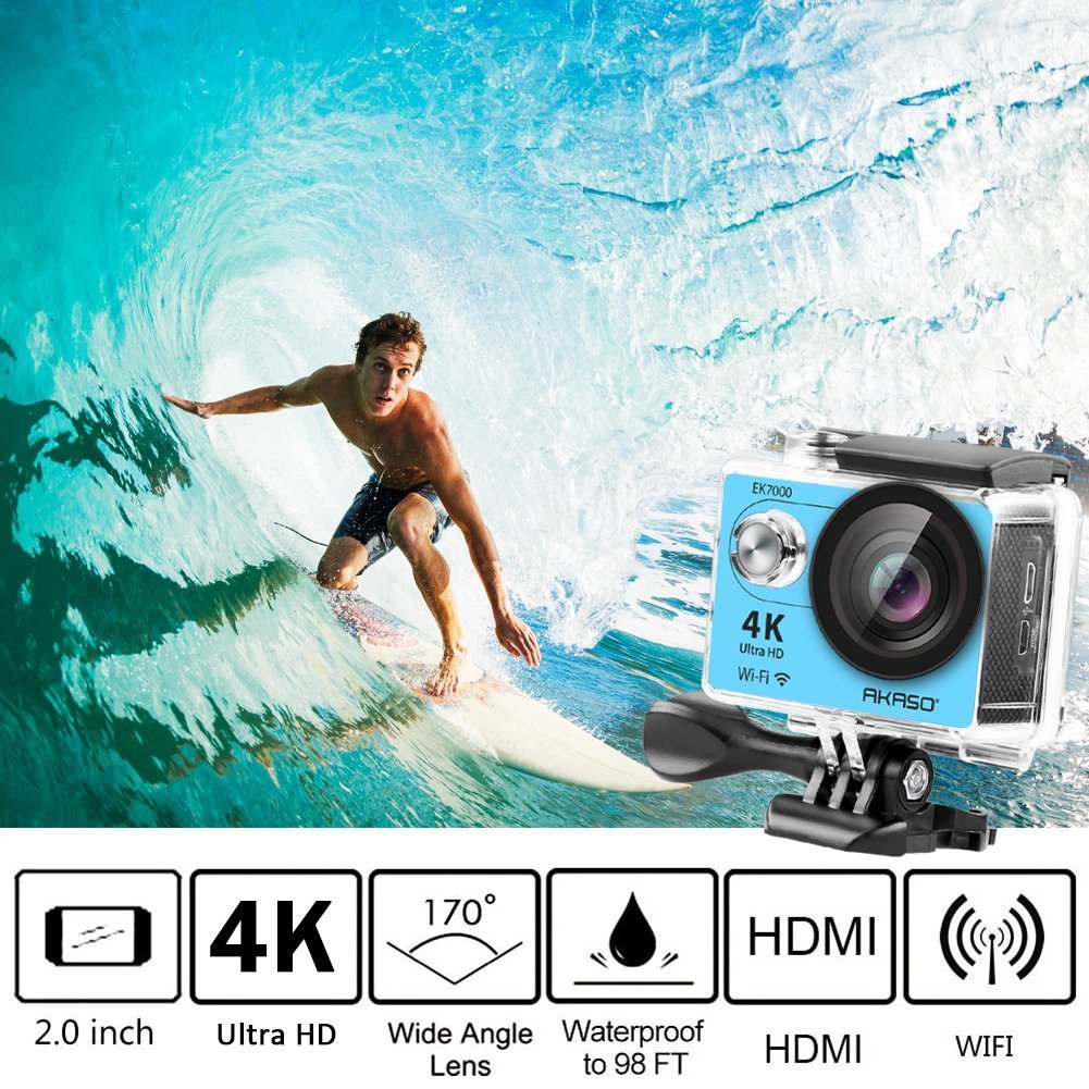 AKASO EK7000 4K Sport Action Camera Ultra HD Camcorder 12MP WiFi Waterproof Camera 170 Degree Wide View Angle 2 Inch LCD Screen W/2.4G Remote Control/19 Accessories Kits - Blue