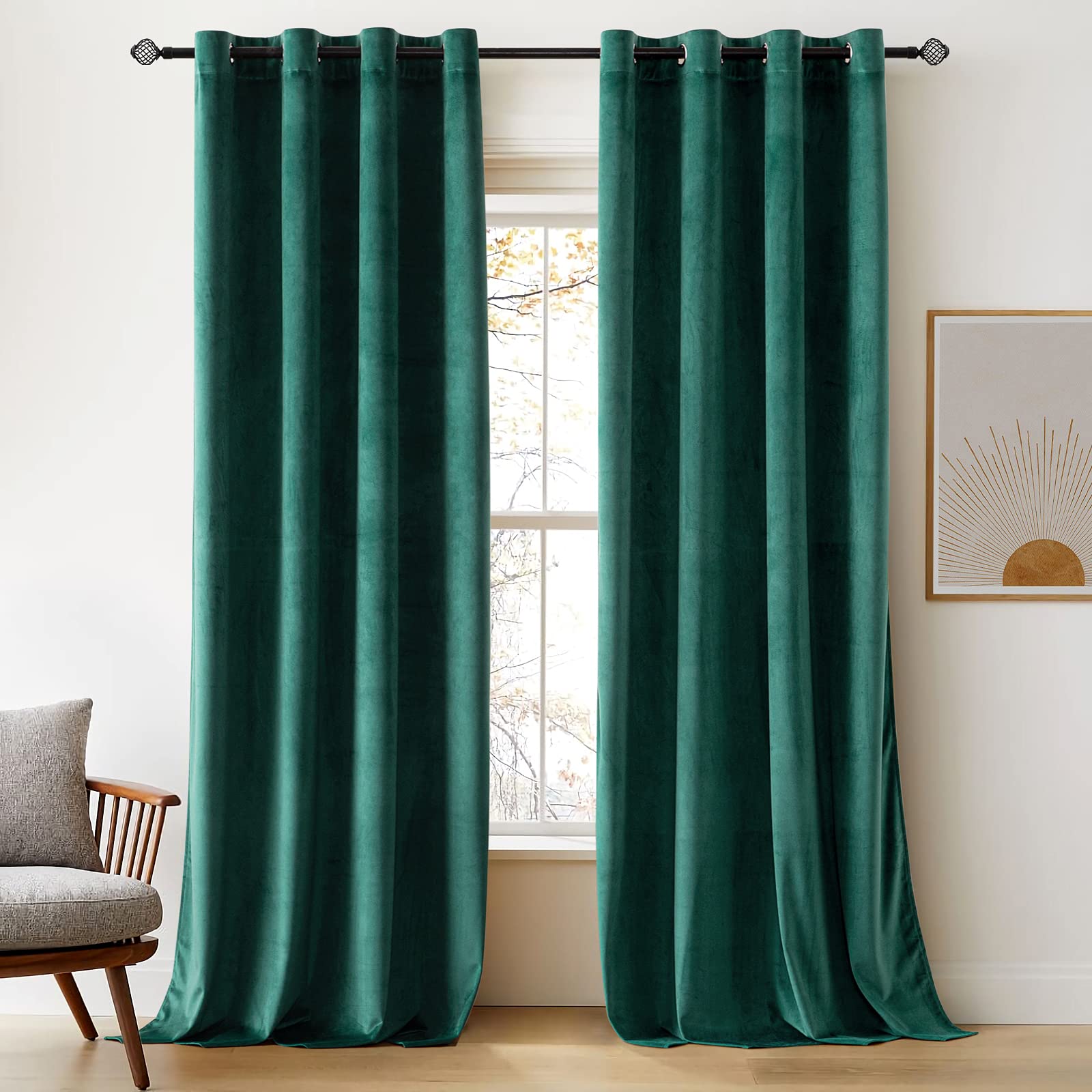 Woaboy Velvet Curtains 90 Drop Dark Green Curtain for Living Room Thermal Blackout for Bedroom Luxury Eyelet Drapes Soft Window Treatment Insulated Soundproof & Room Darkening W 46 x L 90 2 Panels