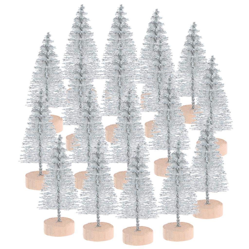 Peerless 12Pcs Mini Sisal Trees With Wood Base - Artificial Christmas Pine Bottle Brush Trees for Winter Snow Miniature Scenes, DIY Crafts, Xmas Holiday Home Desk Tabletop Decor