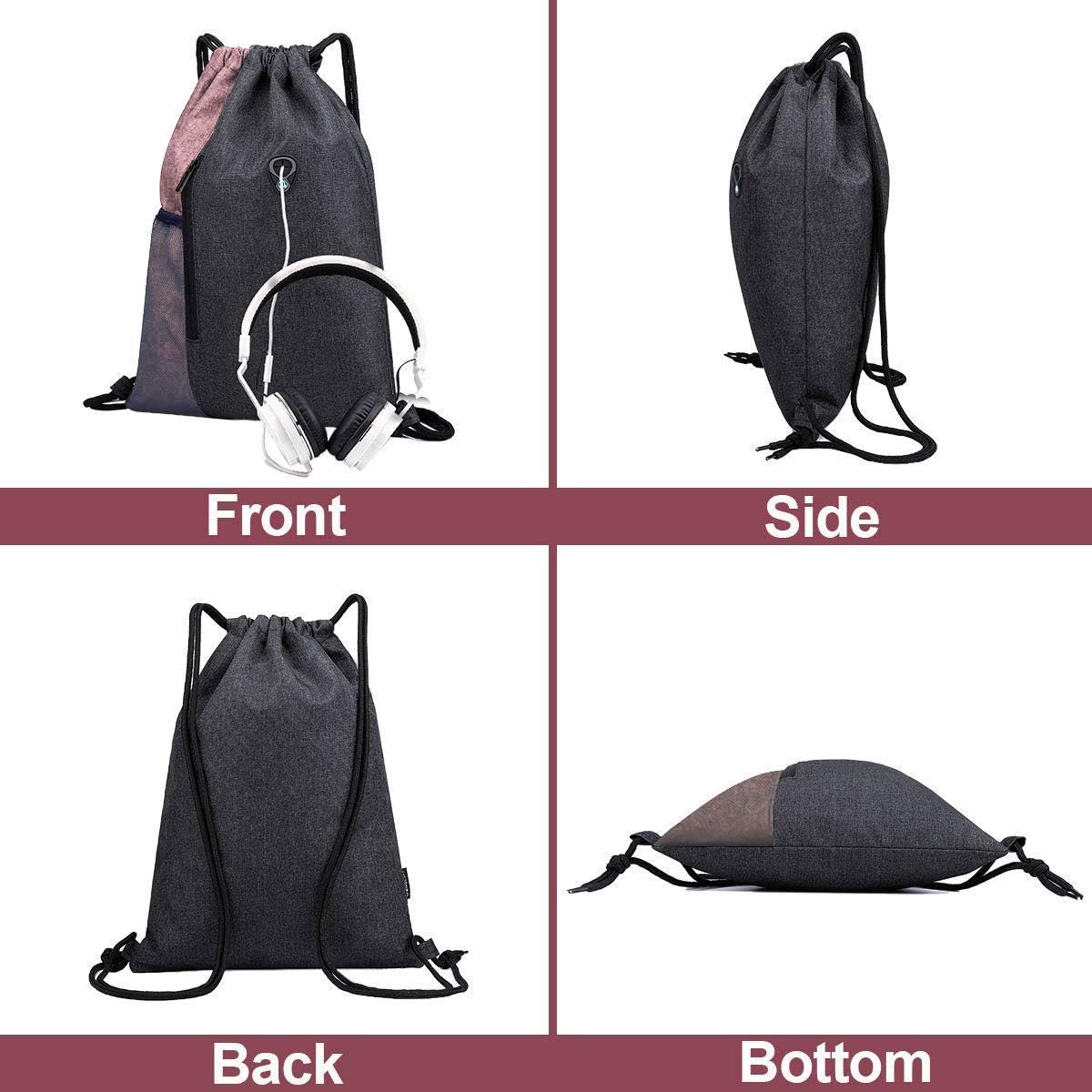 LIVACASA Drawstrings Backpacks Bags for Men Women Gym Drawstring Bags USB Port Headphone Hole Waterproof Pink: Sports & Outdoors