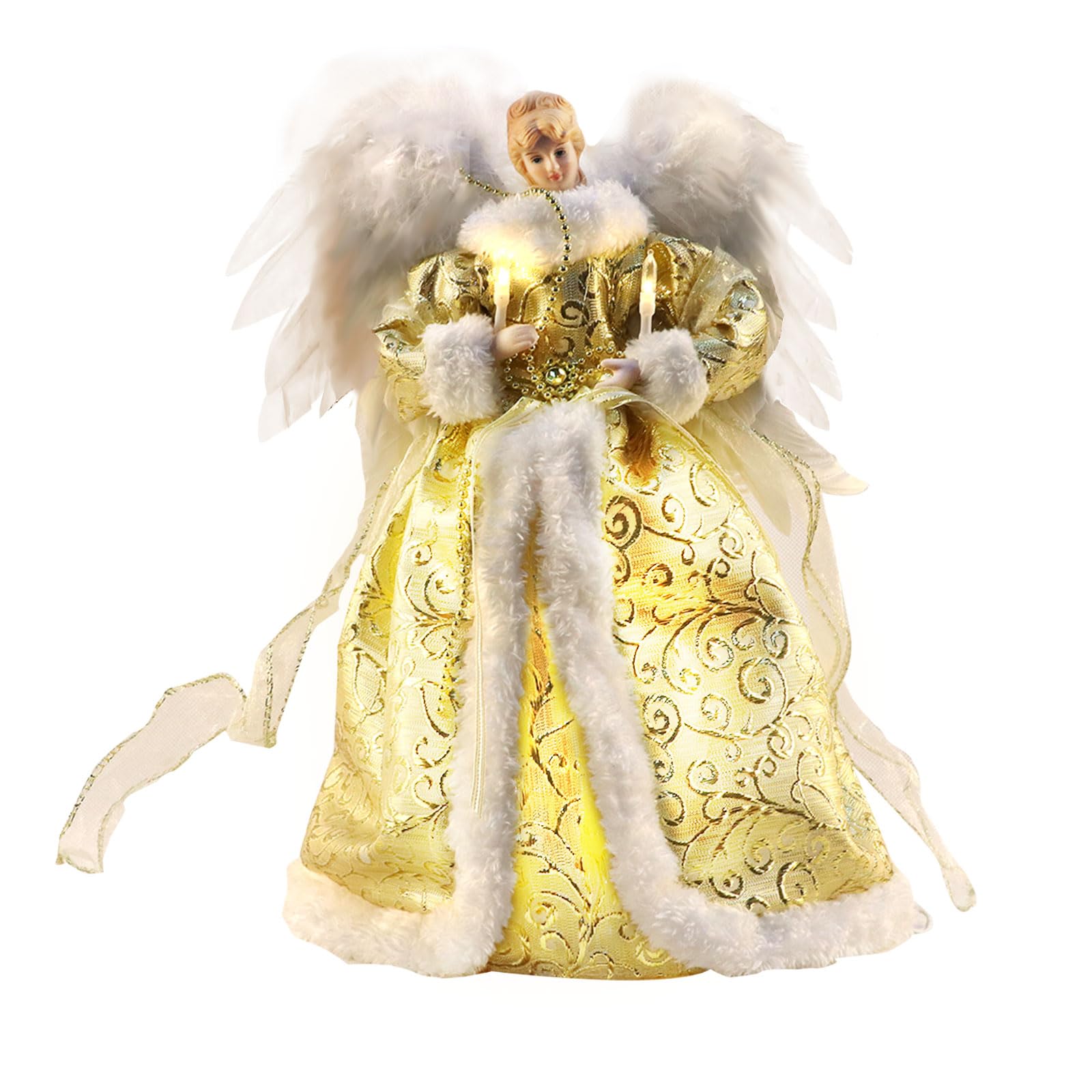 Yallmie 12.6In Christmas Tree Angel Topper, Fabric Fairy for Top of Tree Fairy Topper, Angel Tree Topper Fabric Light Up Christmas Tree Topper for Holiday Party Home (02)