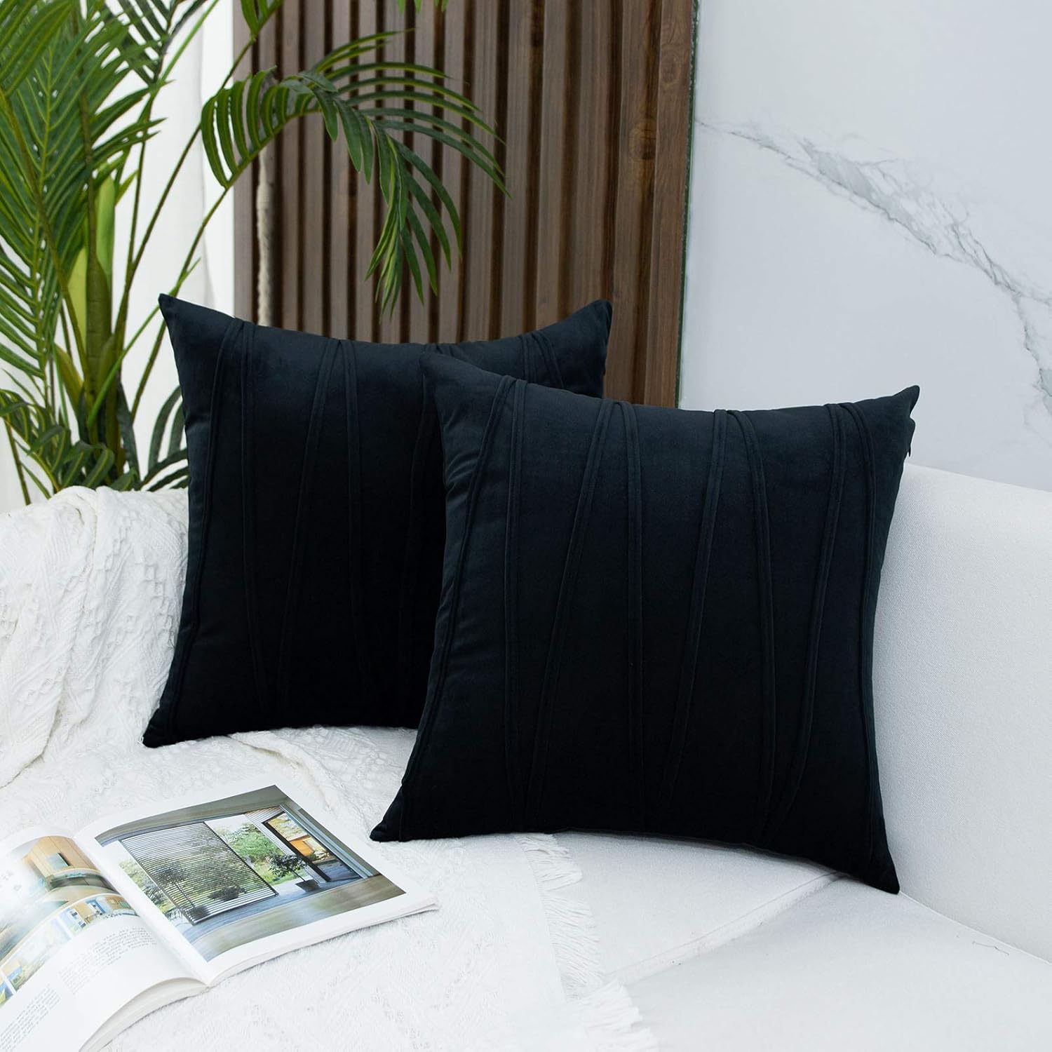 JUSPURBET Decorative Velvet Throw Pillow Covers with Velvet Striped,Pack of 2 Cushion Covers for Sofa Couch Bed,20x20 Inches,Black: Home & Kitchen