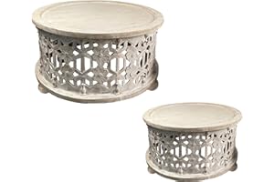 The Urban Port 30-Inch Round 2-Piece Wood Coffee Table Set, Carved Floral Design, Antique White