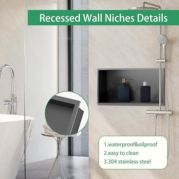 SANITEMODAR SHOWER NICHE, STAINLESS STEEL SHOWER NICHE NO TILE NEEDED, RECESSED FOR BATHROOM STORAGE (GRAY, 12X24)