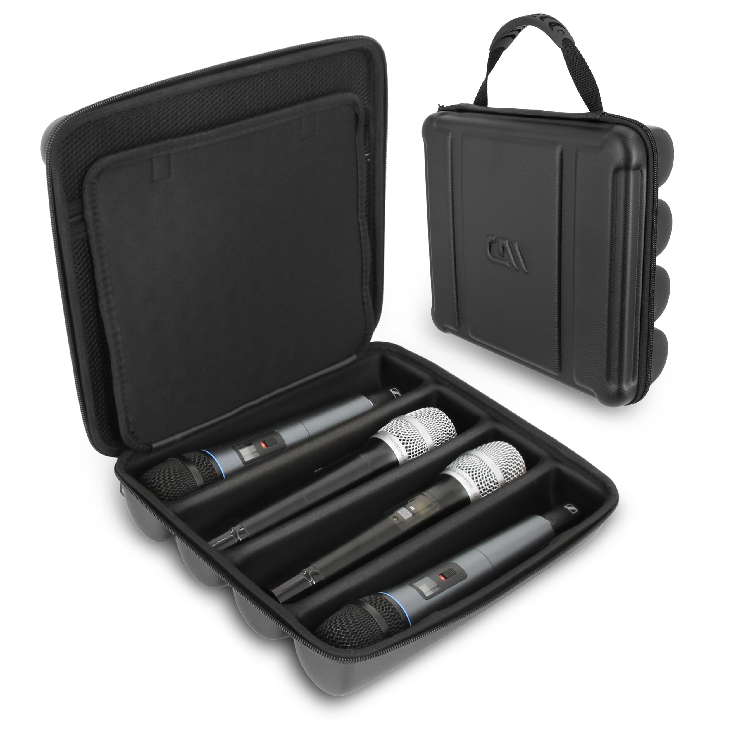 CASEMATIX Wireless Microphone Case Compatible with Four Wireless Mic System Microphones Up to 10.75" by Sennheiser, Shure and More - Mic Case for Travel Fits Cables for Singing or Karaoke