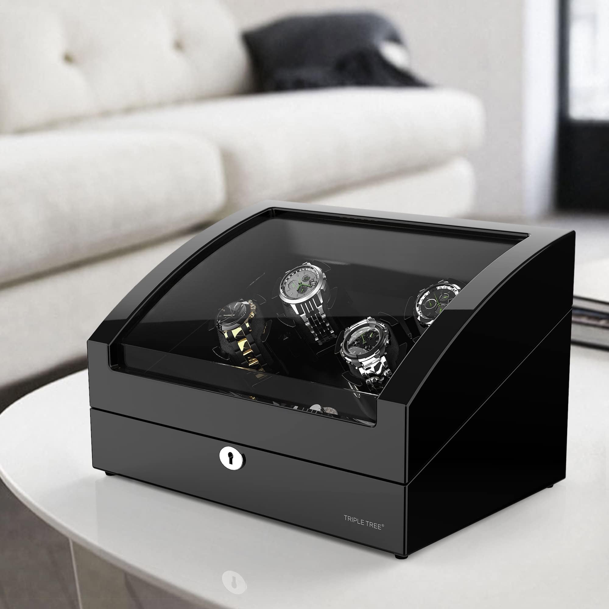 TRIPLE TREE Watch Winder for 4 Automatic Watches, with Extra 6 Watch Storages, Wood Shell Piano Finish, Silent Motor, Flexible Watch Pillow