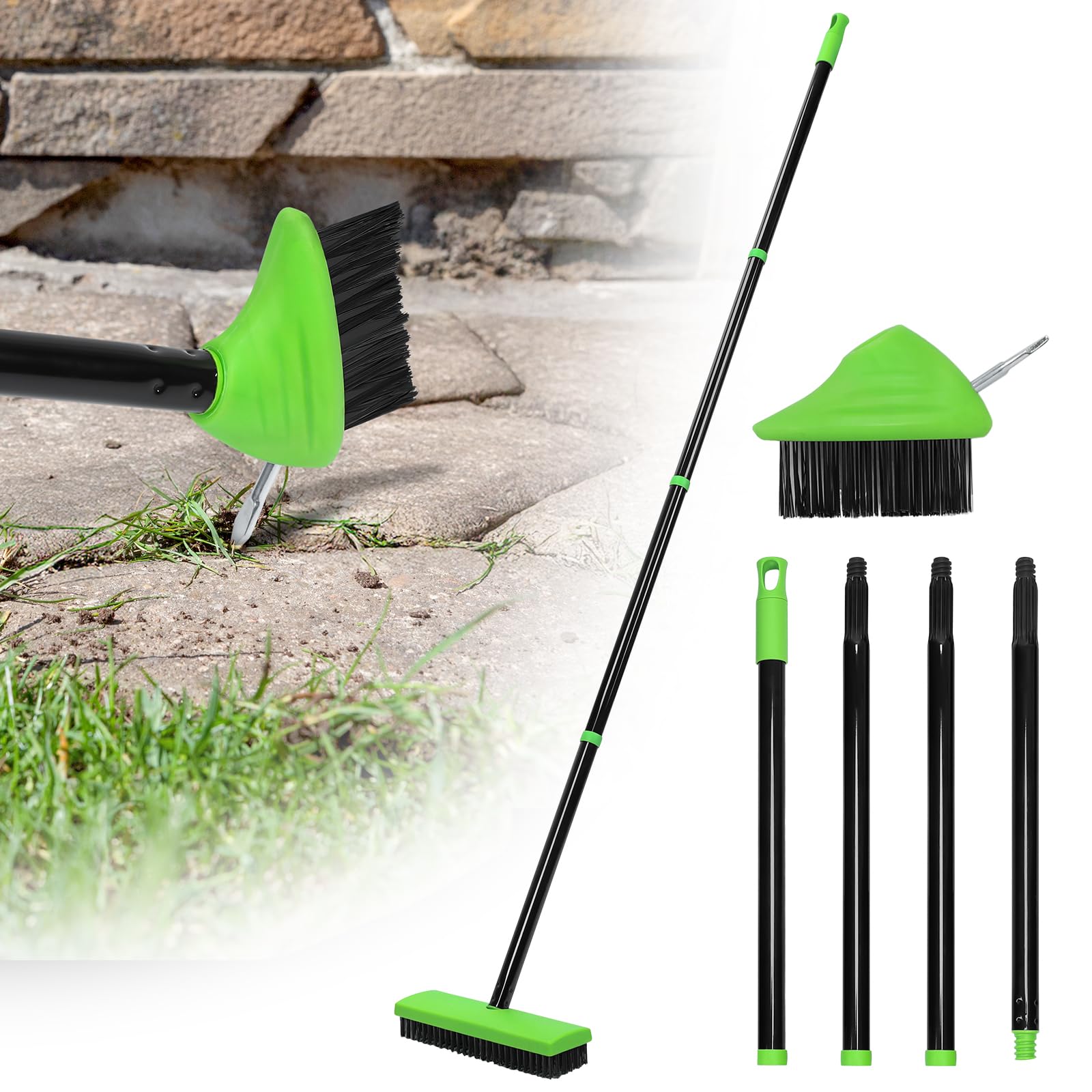 Photo 1 of 3 in 1 Weeding Wire Metal Brush Tools, Concrete Scrub Deck Brush with Long Handle for Moss, Tough Stains on Paving, Garden, Patio, Pool