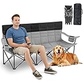 Teenyyou 3 Person Low Camping Chair Fully Padded Folding Outdoor Oversized Sofa, Heavy Duty Couch with Cup Holder and Carry Bag for Camping Picnics (Black and Grey, 3 Person, Low-Legged)