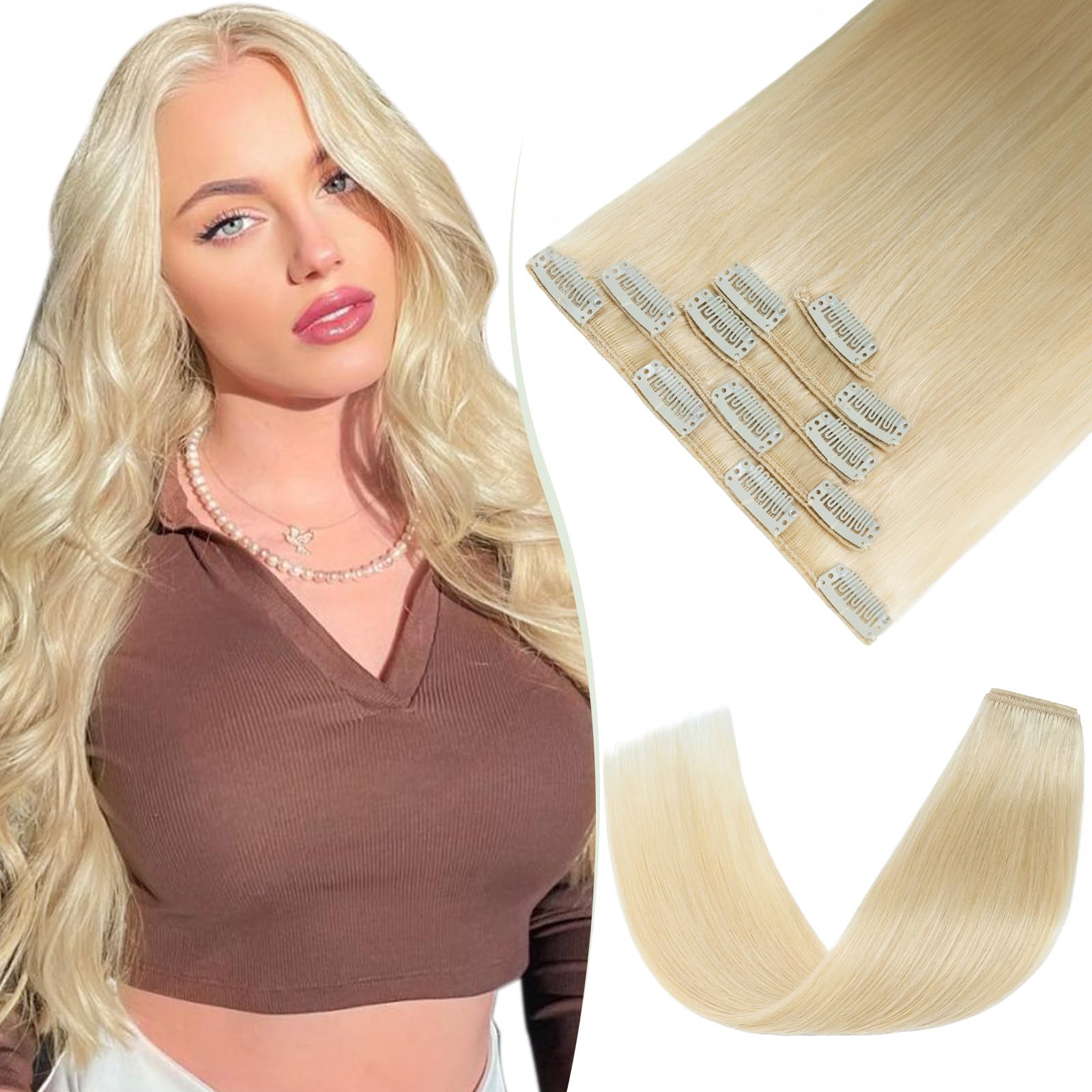 TESS Human Hair Extensions Clip in Real Hair Blonde Remy 5 Pieces Straight Natural Hairpieces for Women/Girls (#613 Bleached blonde, 20 Inch 70g) — image 1