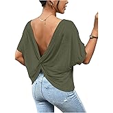 RoseSeek Women's Backless Twist Knot T Shirt Oversized Solid Short Sleeve Tees Open Back Asymmetrical Hem Casual Tops