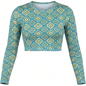 Long Sleeve UPF 50+ Rash Guard, Geometric Print Ice Silk Crop Top. Quick Dry Slim Fit Swim Shirt, Stretch Cropped Rash Guard
