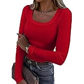 Roselux Womens Long Sleeve Scoop Neck Ribbed Knit Fitted Casual Tops Tee Slim Basic Shirts
